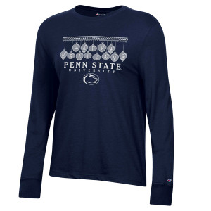 women's navy long sleeve t-shirt with Happy Holidays, Penn State University, and Athletic Logo